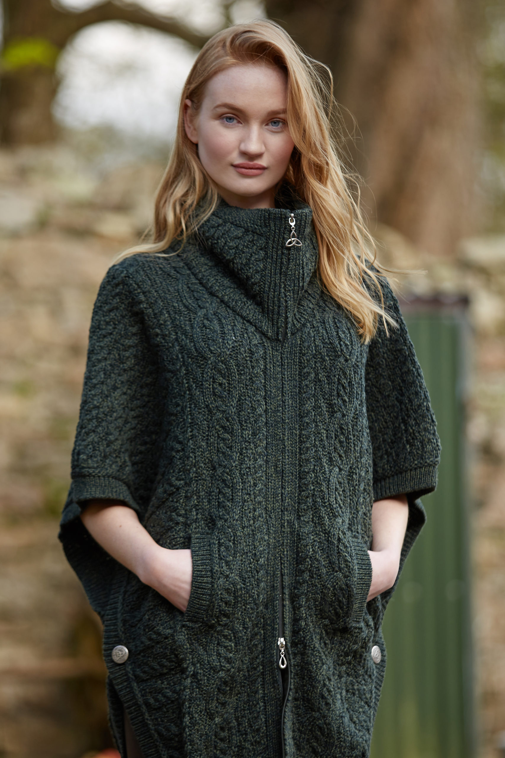 Collared Zip Poncho in Forest Green