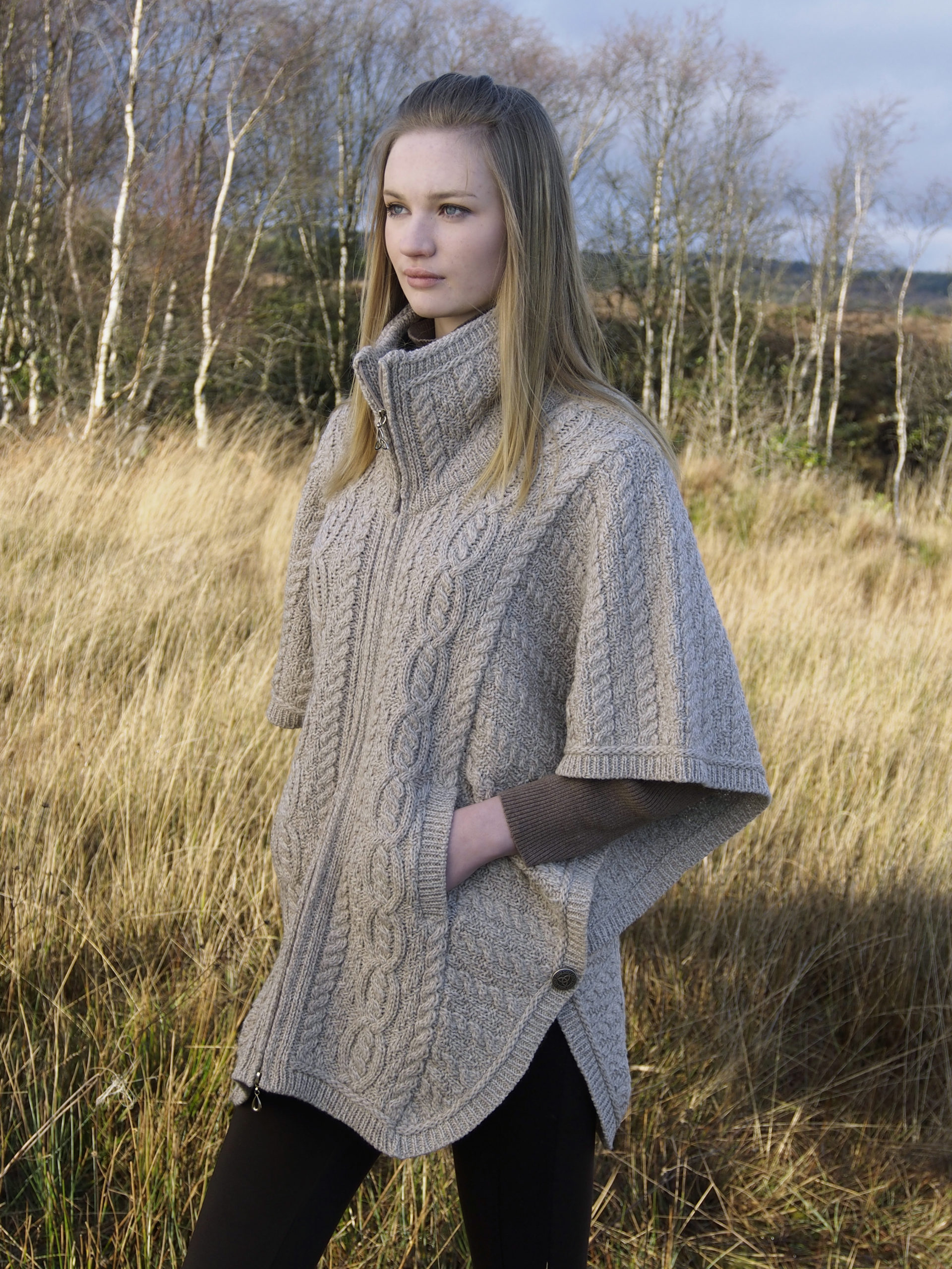 Collared Zip Poncho in Parsnip
