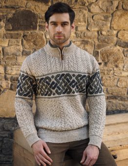 Celtic Jacquard Half Zip Sweater in Natural