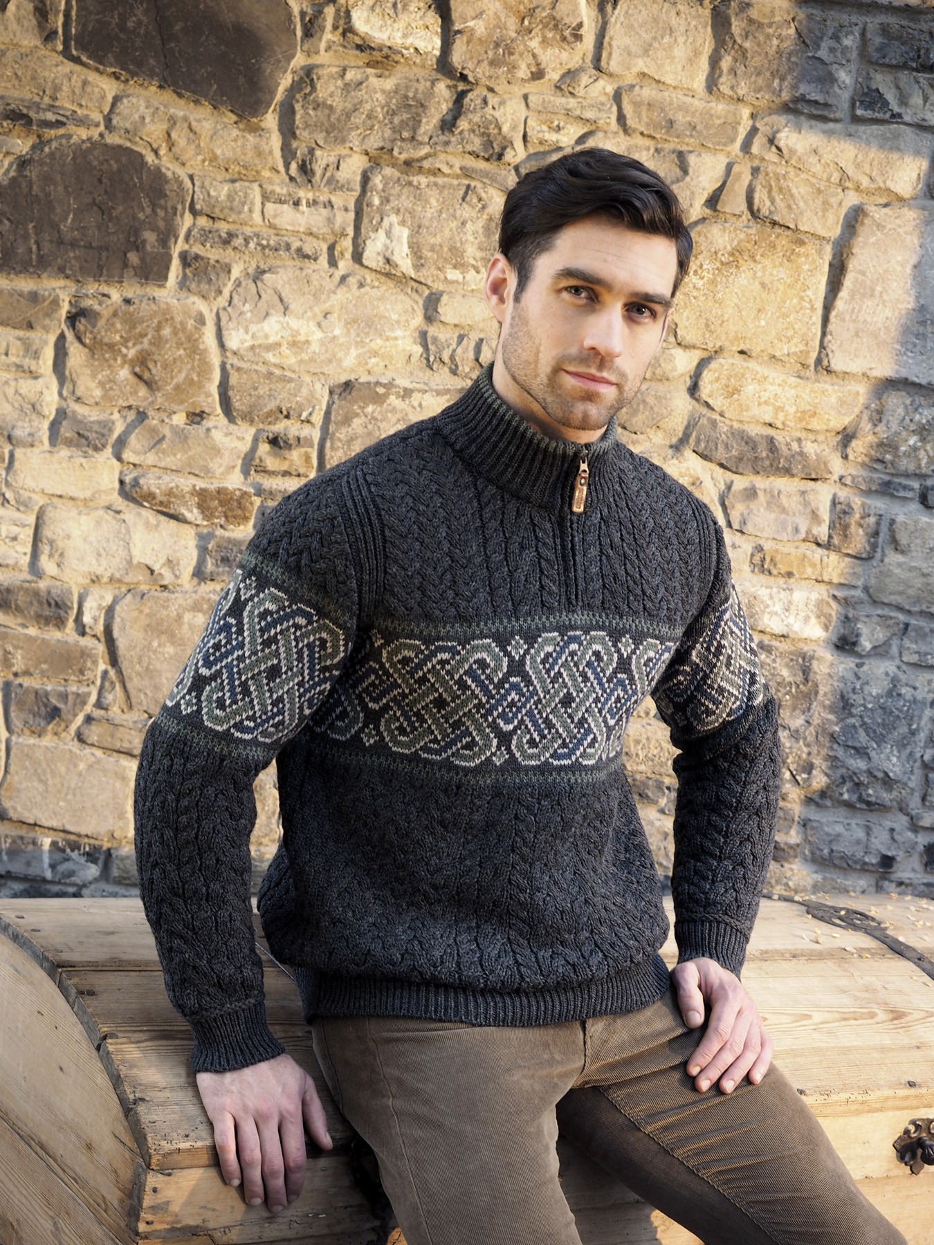 Celtic Jacquard Half Zip Sweater in Charcoal