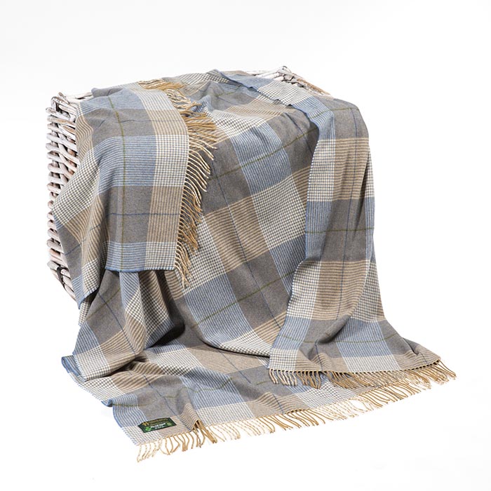 Lambswool Blanket in Cream and Denim Check Glendalough Woollen Mills