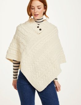 Aran Poncho with Front Buttons in Natural