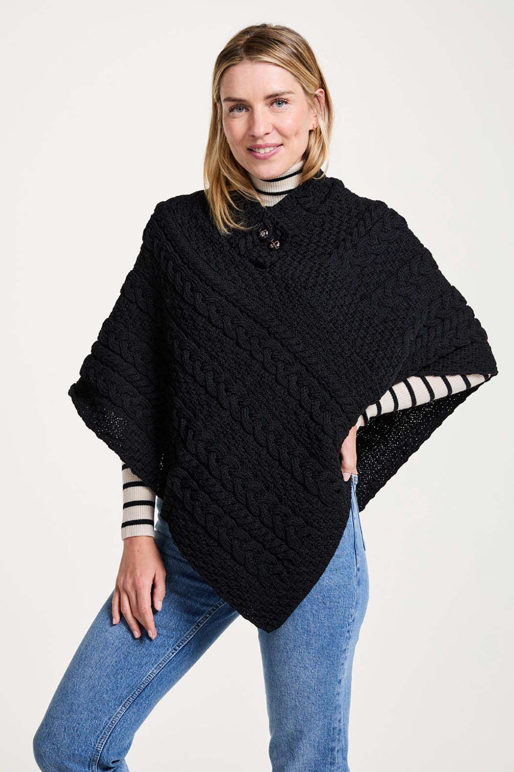 Aran Poncho with Front Buttons in Natural