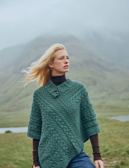 Aran Poncho with Front Buttons in Green