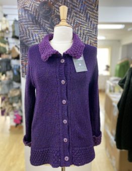Wool Cardigan With Contrast Collar in Purple
