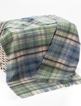 Large Wool Throw in Green, Burgundy, and Denim