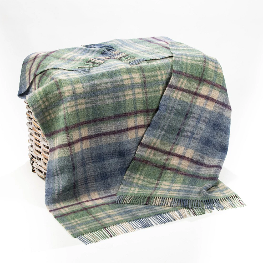 Large Wool Throw in Green, Burgundy, and Denim