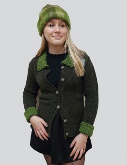 Wool Cardigan With Contrast Collar in Green