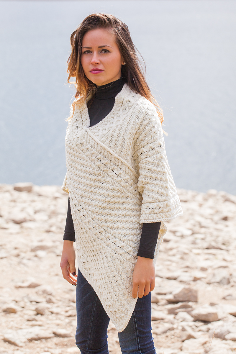 Aran Inspired Wool Poncho in Natural