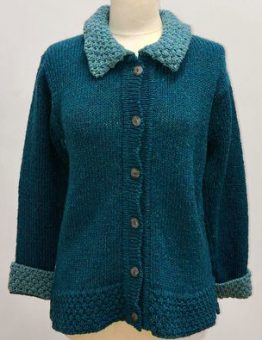 Wool Cardigan With Contrast Collar in Teal