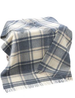 large Wool Throw Natural Denim Blue Mix Plaid